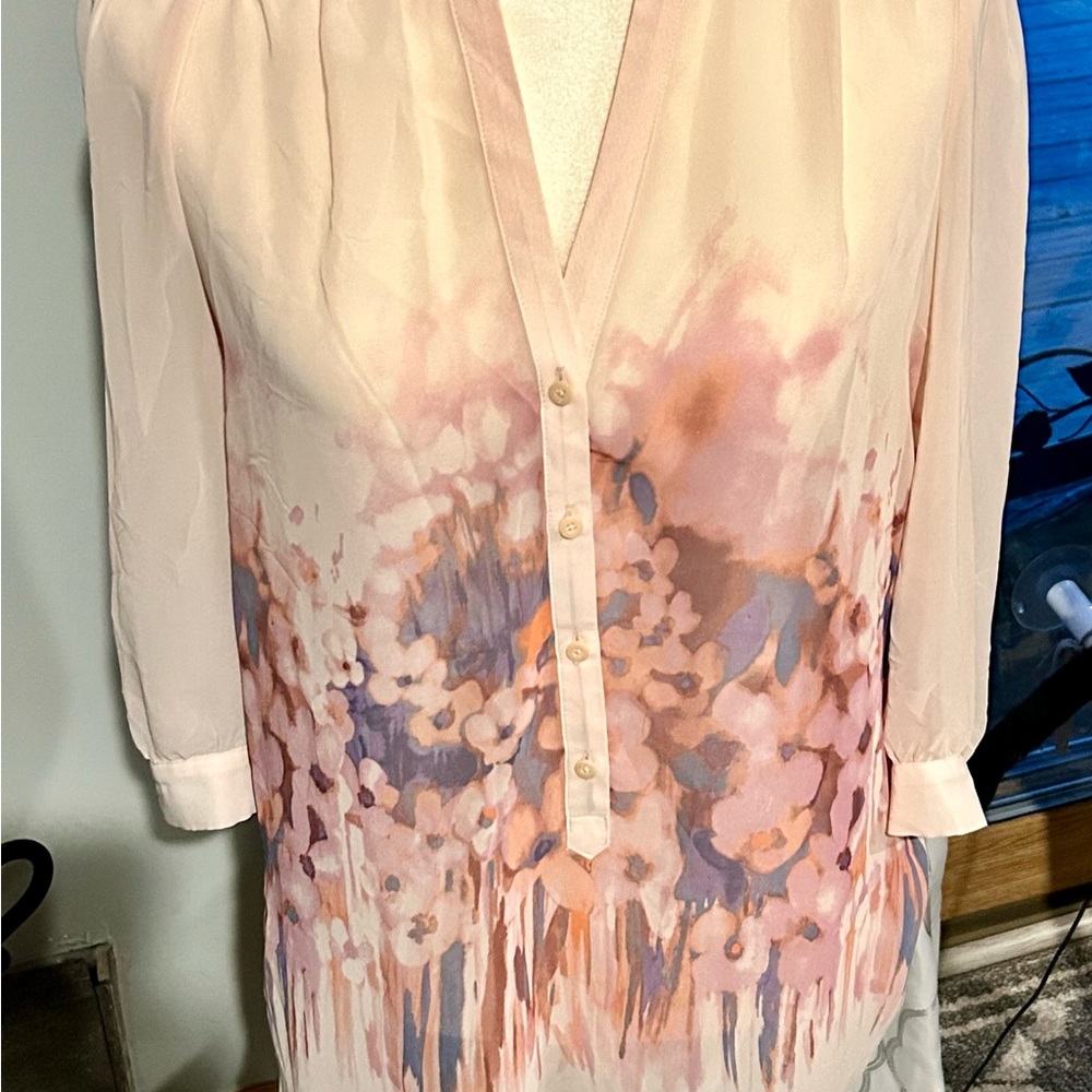 LC Lauren Conrad Pink Cream Sheer Watercolor Floral Blouse
